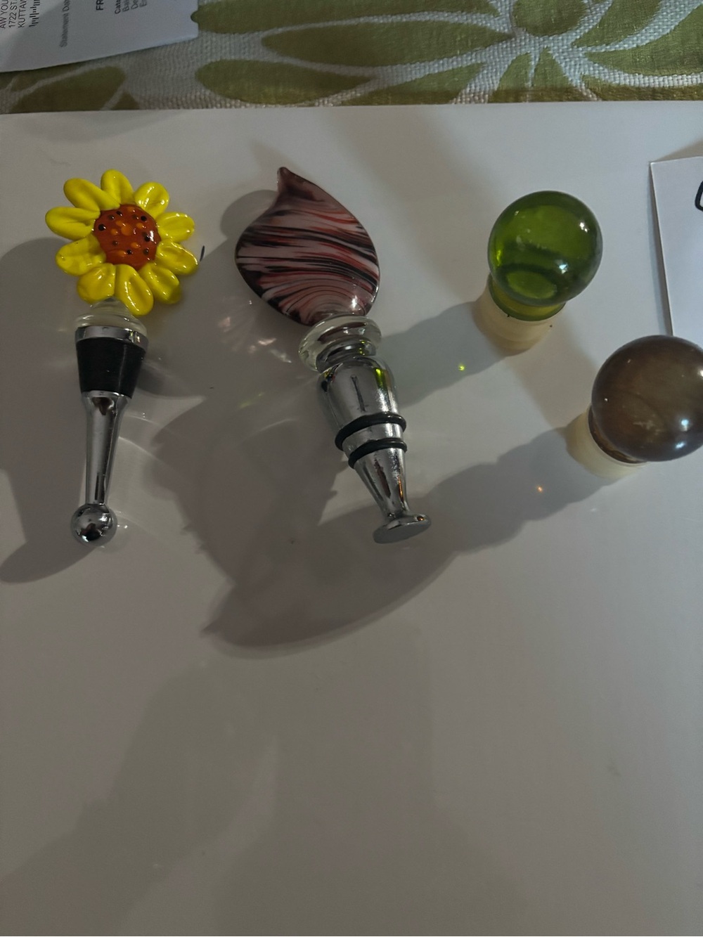Decorative Glass Wine Bottle Stoppers - Yellow Sunflower & Swirl set of 4